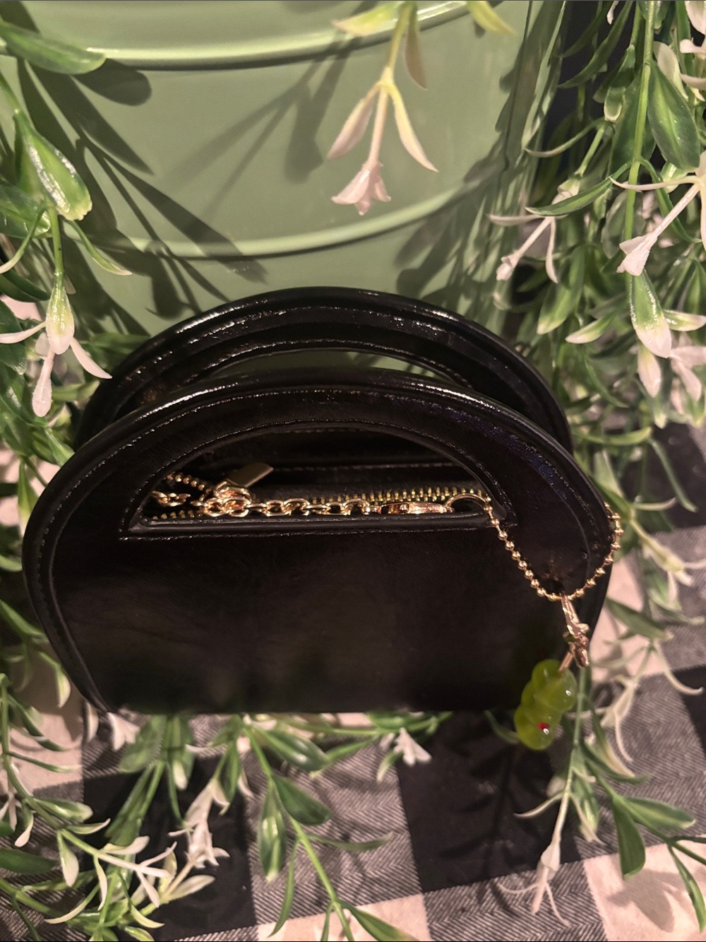 Black Mini Leather Arch Handle Clutch with Gold Chain and Green Beaded Charm - Picture 3 of 6